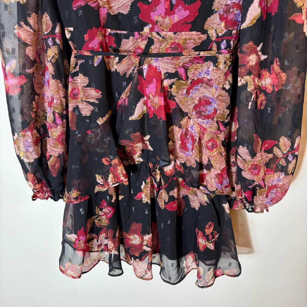 Lulus Dramatically Dreamy Black Floral Chiffon Tiered Lurex Mini Dress Medium - Picture 3 of 9